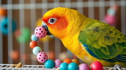 Sun conure parrot with colorful bead toy in cage playing cheerfully