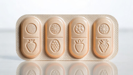 Immune and Vitamin concept ,strawberry pill fruit pill blister pack immune friendly icon beige tablet chewable supplement