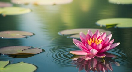 Closeup of a pink water lily on dark water with ripples