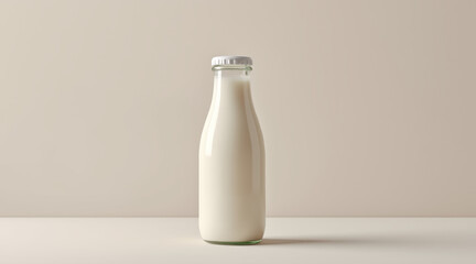 Dairy packaging concept ,fresh milk bottle neutral background, dairy bottle, glass bottle, milk, neutral color, creamy beverage