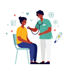 A friendly doctor with a stethoscope examines a seated patient in a clinic, surrounded by medical symbols.