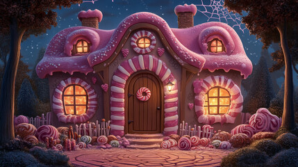 Festive Halloween House with Lit Windows and Pumpkin Decorations