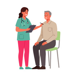 A female nurse in scrubs takes the temperature of an elderly male patient sitting on a chair, using a thermometer and clipboard.