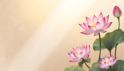 Naklejka premium Pink Lotus Flowers Blooming on Green Leaves Against Soft Yellow Background