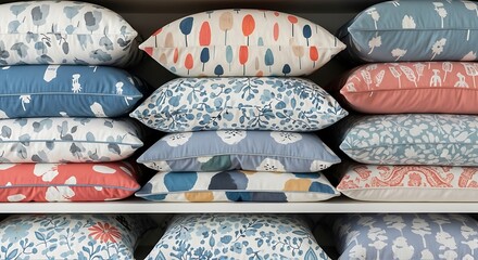 Stacks of decorative throw pillows in various pastel colors and floral/nature-inspired patterns displayed neatly on white shelves. Offers a calming, home décor aesthetic.