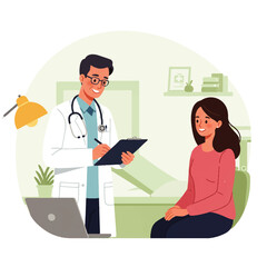 A doctor in a white coat takes notes on a clipboard while consulting with a female patient in a medical office setting.