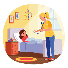 A nurse uses a stethoscope to examine a young girl lying in a bed in a child's bedroom.