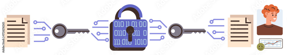 Poster lock with binary code connected to keys, files, and a person symbolizes encryption and secure data. 
