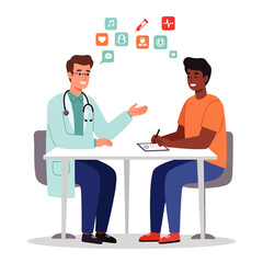 Fototapeta premium A doctor in a lab coat consults with a male patient at a table, surrounded by medical and social media icons.