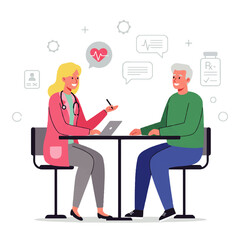 A blonde female doctor in a pink coat consults with a senior male patient at a table, using a laptop and discussing his health.