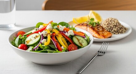 Fresh salad with grilled salmon and quinoa on a table