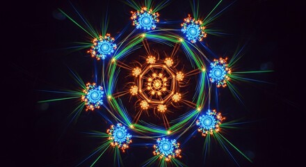 Fractal geometric pattern with blue and orange swirling elements on black