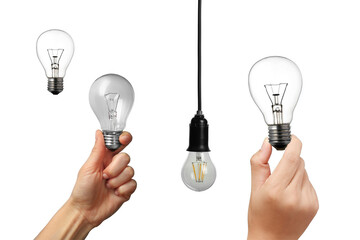 Different light bulbs displayed in various positions, including being held in hand and hanging from...