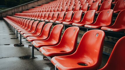 Fototapeta premium Rows of empty red stadium seats in an outdoor venue on a rainy day