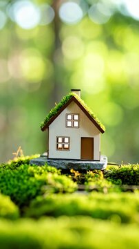 Tiny eco house on mossy stone surface in green garden, concept of ecology, green energy and sustainable living