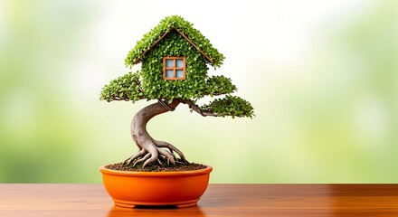 Green house made of leaves on a bonsai tree in a pot on a wooden table