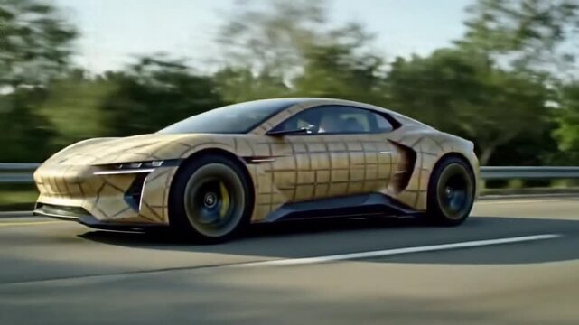 Eco-friendly electric car driving on a road with a sustainable and innovative exterior design