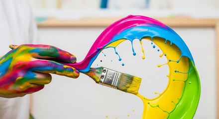 Hand covered in paint touching a paintbrush creating a splash