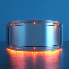 Metallic, circular, display podium, illuminated by orange lights.  A smooth, brushed silver-toned band encircles a large, blank, rectangular panel