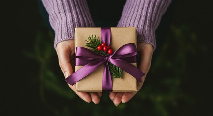 Hands holding a wrapped gift box with a purple ribbon, evergreen sprig, and red berries against a blurred background.