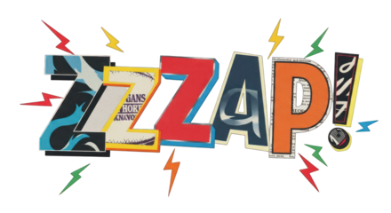 Vibrant Collage-Style ZZAP Word Art with Lightning Bolts.