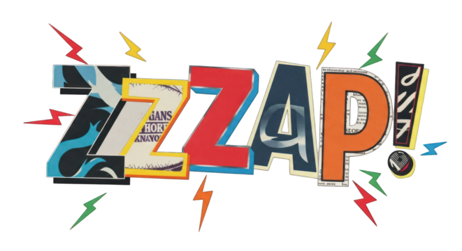Vibrant Collage-Style ZZAP Word Art with Lightning Bolts.