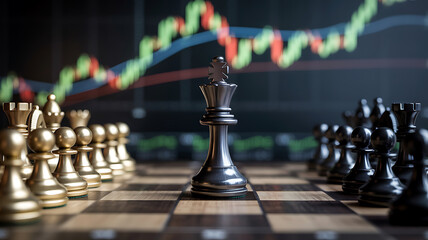 Chess pieces on a chessboard with stock market chart in the background
