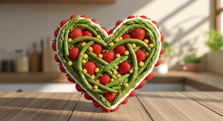 Heartshaped arrangement of strawberries and asparagus