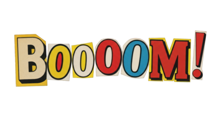 Colorful Boooom Comic Book Style Text with Yellow Red and Blue Letters.