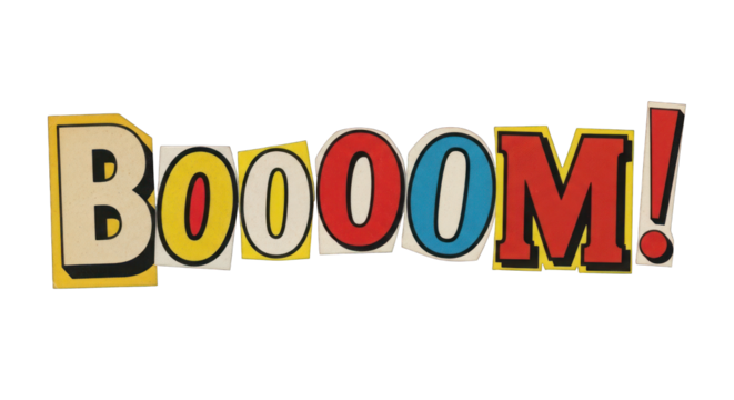 Colorful Boooom Comic Book Style Text with Yellow Red and Blue Letters.
