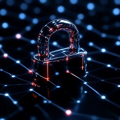 Metallic padlock on a network of glowing lines