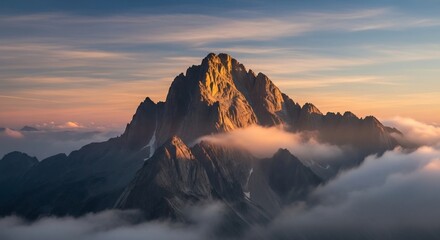 Jagged mountain peak at sunrise bathed in golden light with clouds below