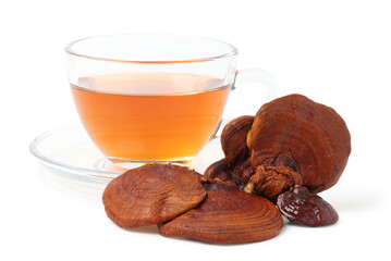 Reishi mushroom tea in a clear cup with dried reishi mushrooms next to it. isolated on white background.