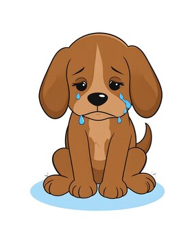 Sad cartoon puppy sitting, shedding tears