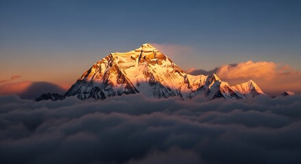 Majestic snowcapped mountain peak illuminated by sunrise above clouds