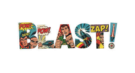 Comic Book BLAST Text with Action Figures.