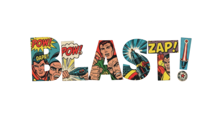 Comic Book BLAST Text with Action Figures.