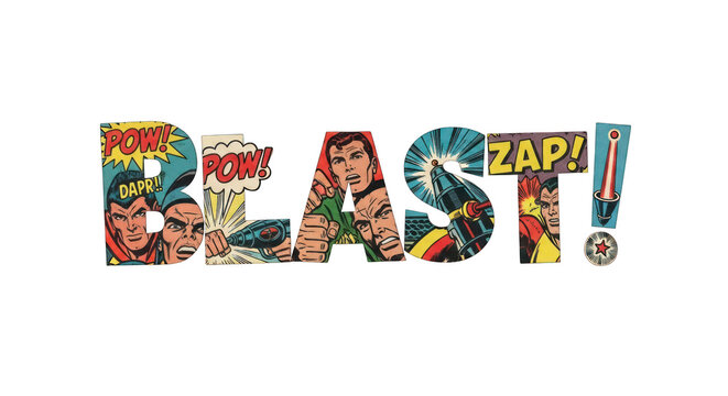 Comic Book BLAST Text with Action Figures.