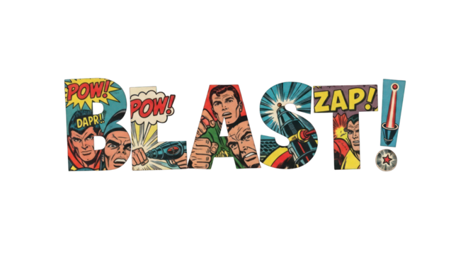 Comic Book BLAST Text with Action Figures.