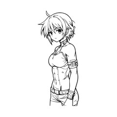 Black and white hot anime character line art illustration, stylish minimal outline drawing in clean style
