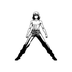 Black and white hot anime character line art illustration, stylish minimal outline drawing in clean style