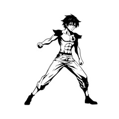 Black and white hot anime character line art illustration, stylish minimal outline drawing in clean style