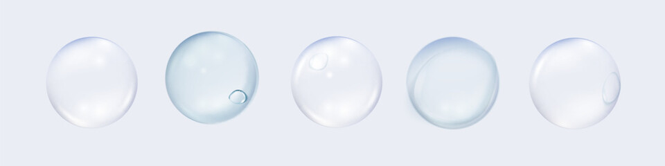 Collagen serum or essence drops. Hyaluronic acid. Collagen serum bubbles. Cosmetic essence. Concept skincare cosmetics solution. Vector 3d illustration