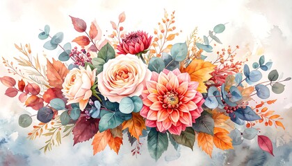 Watercolor floral bouquet, autumnal hues
