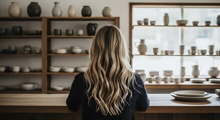 A blonde woman with long, wavy hair sits at a wooden counter in a pottery studio, her back to the camera. Numerous ceramic pieces are displayed on shelves behind her.