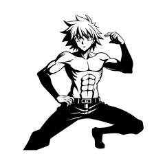 Black and white hot anime character line art illustration, stylish minimal outline drawing in clean style
