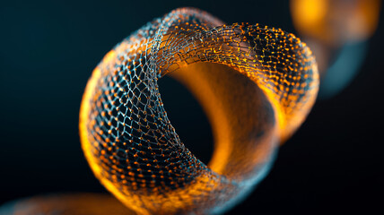 Abstract golden plexus ring, dark background, net, shiny, futuristic design