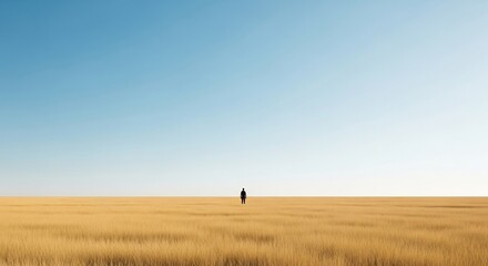 Fototapeta premium Silhouette of a person standing in a vast golden field under a clear blue sky