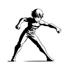 Black and white hot anime character line art illustration, stylish minimal outline drawing in clean style
