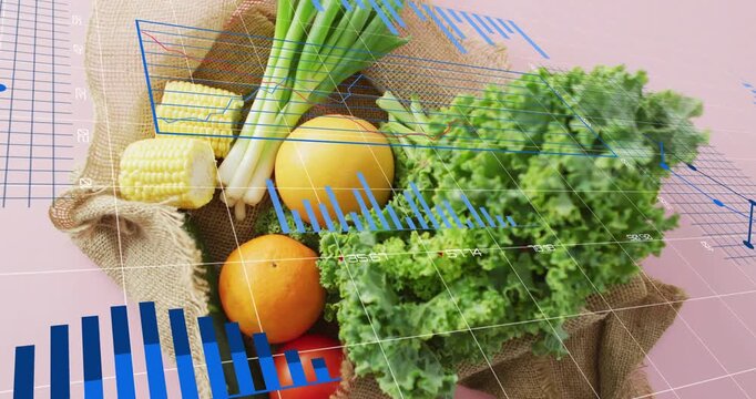 Resting on pink surface, produce burlap bag showing blue charts sliding upward illustrating data